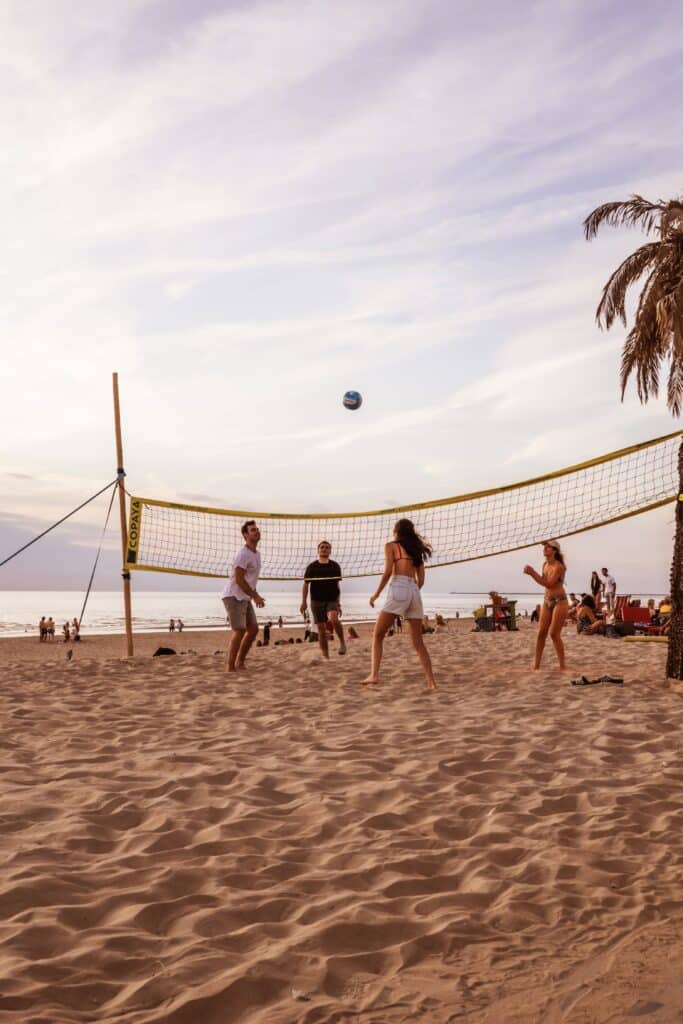 Beachvolleybal bij zonsondergang op het strand, met een palmboom en de zee op de achtergrond in de zomer.