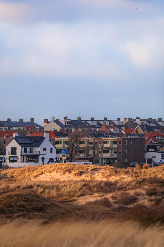 Uitzicht vanaf de duinen op Zandvoort, met meerdere huizen en de watertoren in de verte.